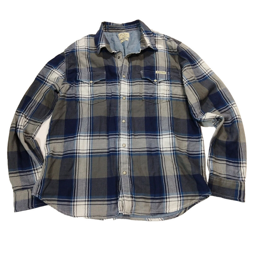 Lucky Brand Women's Pearl Snap Flannel Shirt Size XL Blue Plaid Chambray Lined